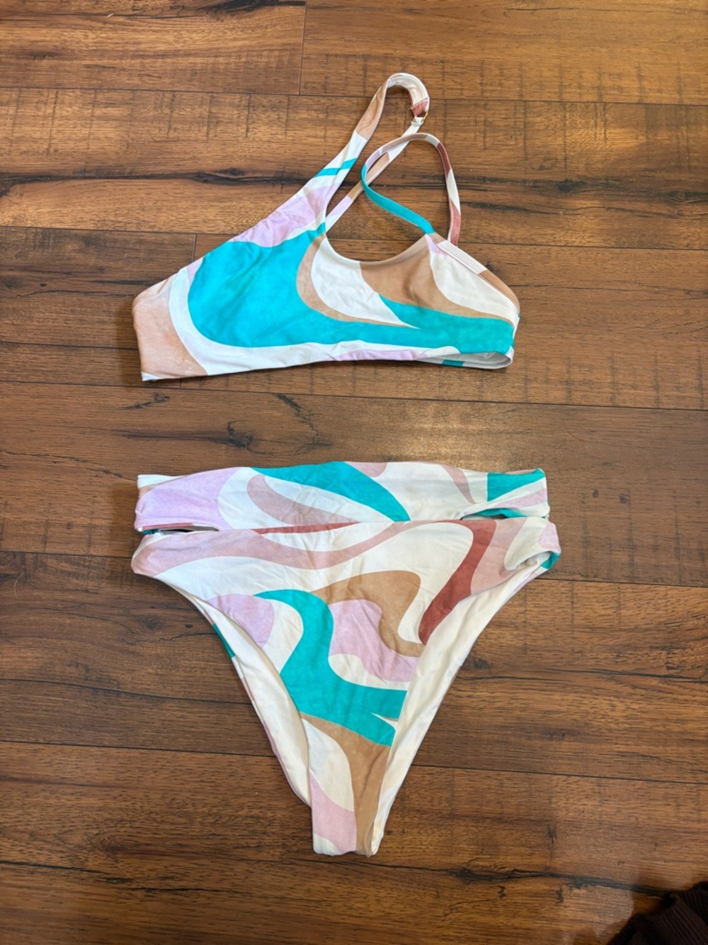 B Swim Gemma Bikini Set 2 Peice One Shoulder High Waist Cheeky Multi Color Small